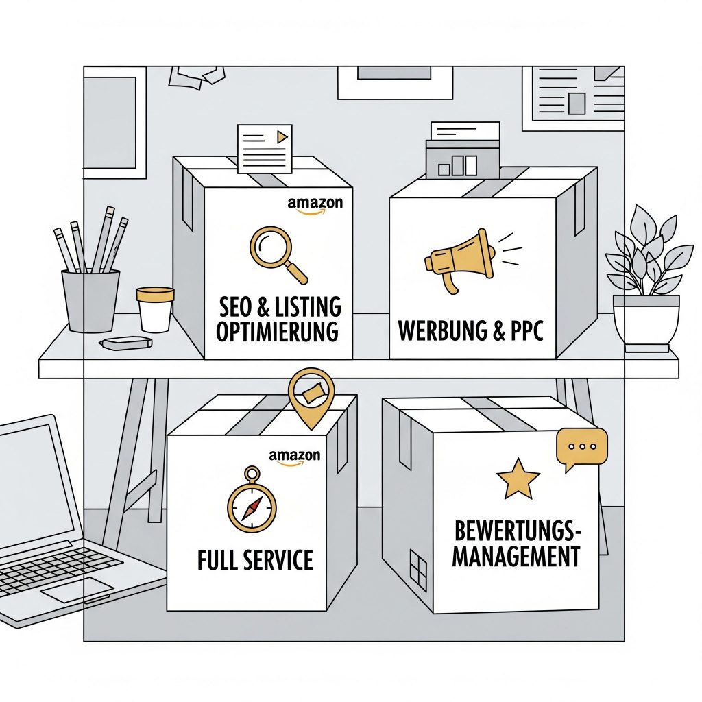 Stilisierte Illustration, auf der vier Blöcke mit Icons und deutschen Beschriftungen ("SEO & Listing Optimierung", "Werbung & PPC", "Full Service" und "Bewertungsmanagement") mit einer zentralen Amazon-Box verbunden sind.
