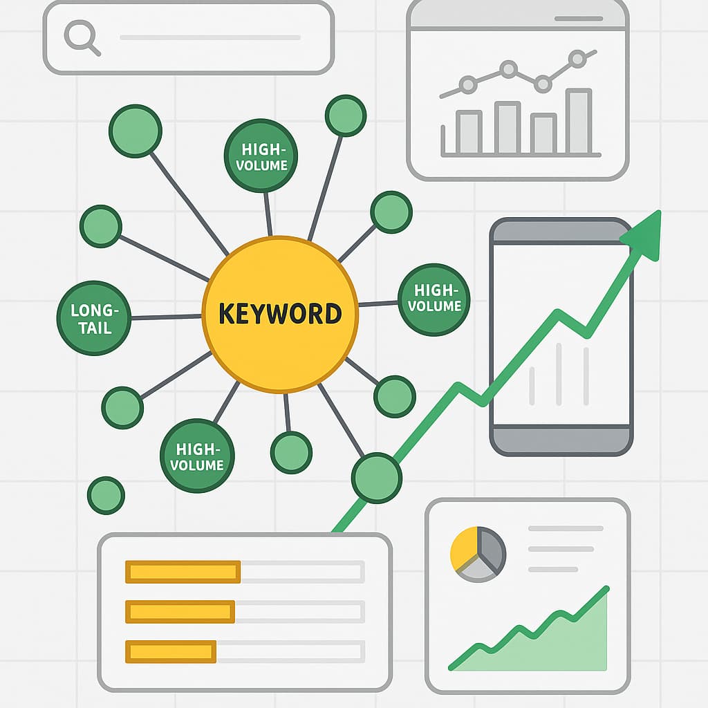 Amazon SEO Keyword-Recherche und Datenanalyse mit Keywords, Long-Tail-Suchbegriffen und aufsteigendem Wachstumsgrafen.