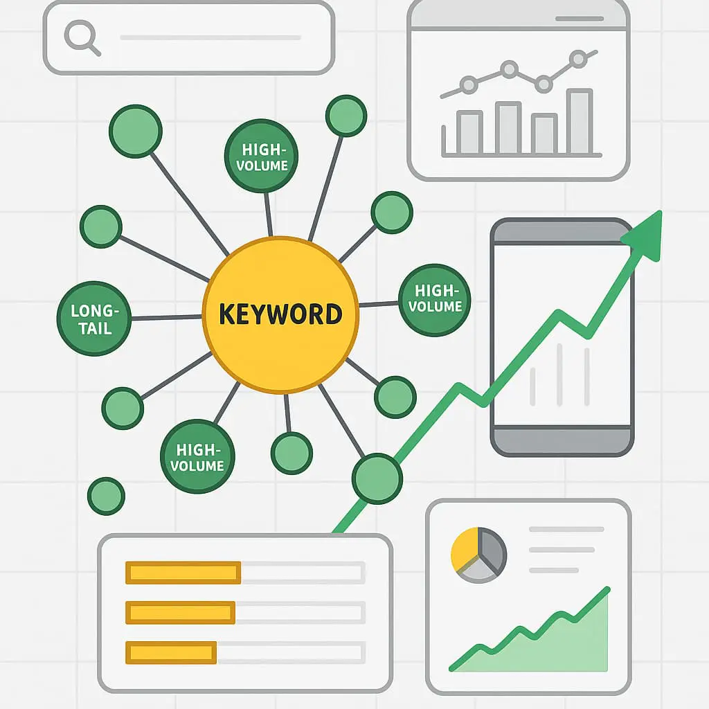Amazon SEO Keyword-Recherche und Datenanalyse mit Keywords, Long-Tail-Suchbegriffen und aufsteigendem Wachstumsgrafen.