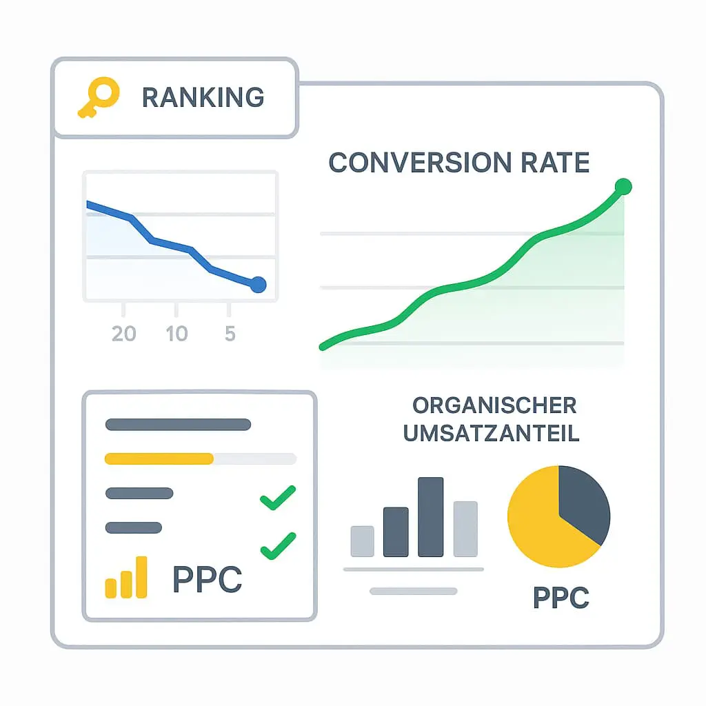 Amazon SEO Monitoring & Reporting: Dashboard mit Keyword-Tracking, Conversion-Rates und organischem Umsatzanteil.