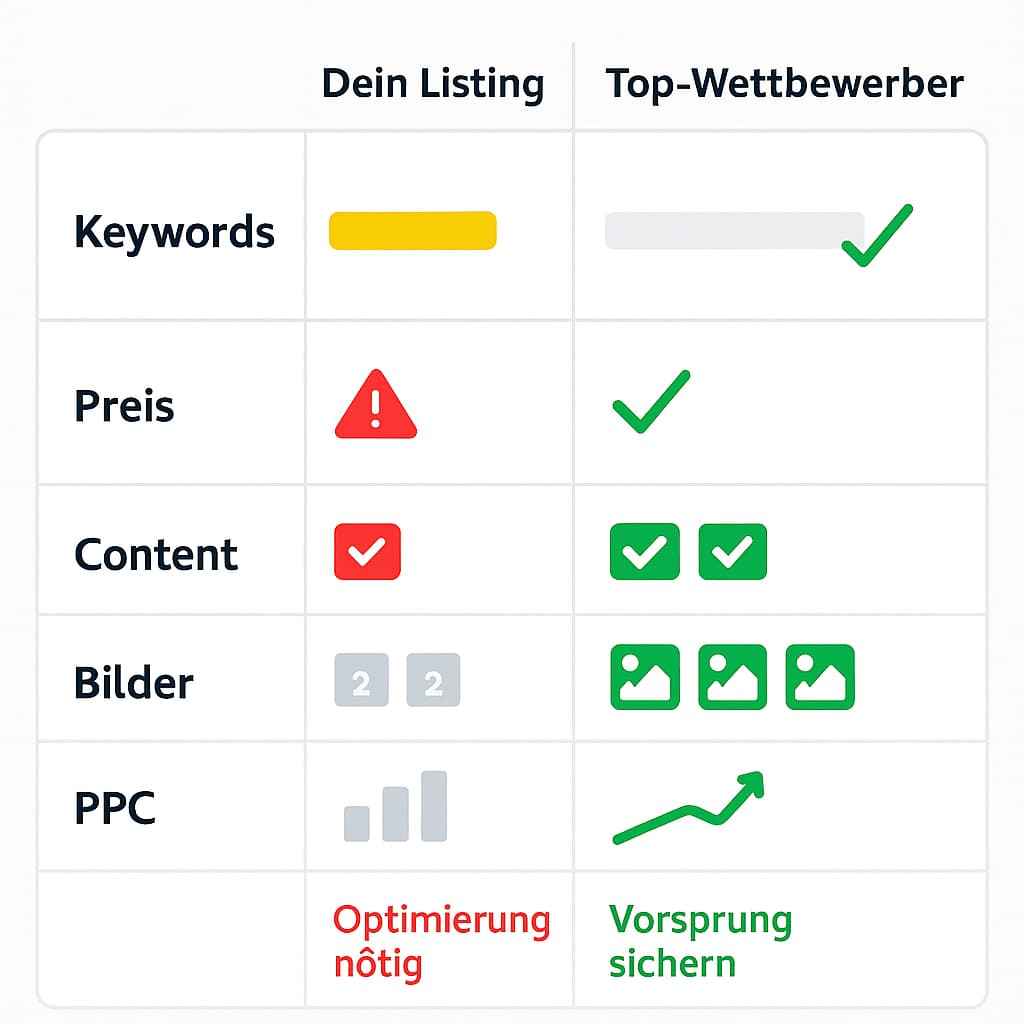 Vergleichstabelle: Dein Amazon Listing im Vergleich zu Top-Wettbewerbern bei Keywords, Preis, Content, Bildern und PPC.