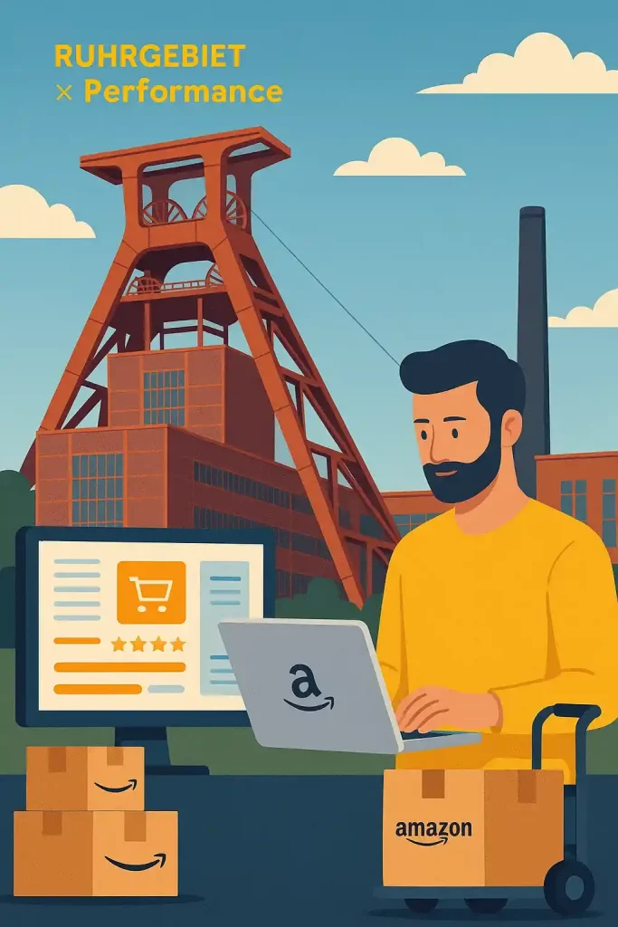 Amazon Agentur Ruhr – Vertikales Motiv mit Zeche Zollverein, Dortmunder U und Hafenlichtern