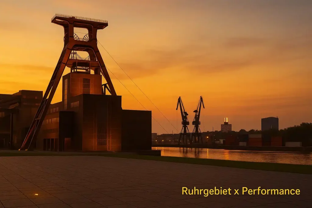 Amazon Agentur Ruhr – Zeche Zollverein, Duisburg Innenhafen und Dortmunder U im goldenen Abendlicht