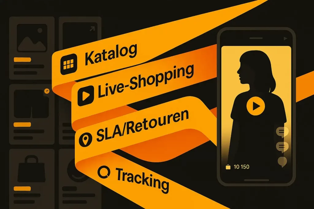 TikTok Shop Agentur – Katalog, Live-Shopping, SLA/Retouren und Tracking; Smartphone mit Live-Video und Produktkarten in gelben Ribbons